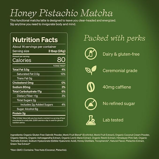 Clevr Blends Pistachio Matcha SuperLatte, Organic Ceremonial Grade, Instant Superfood Powder Blend with Lions Mane, Reishi Mushroom, Coconut Cream, Oat Milk, Ashwagandha, Serve Hot or Iced (14 Lattes)