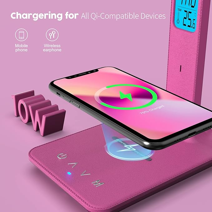 poukaran Desk Lamp, LED Desk Lamp with Wireless Charger, USB Charging Port, Table Lamp with Clock, Alarm, Date, Temperature, Office Lamp, Desk Lamps for Home Office, Pink