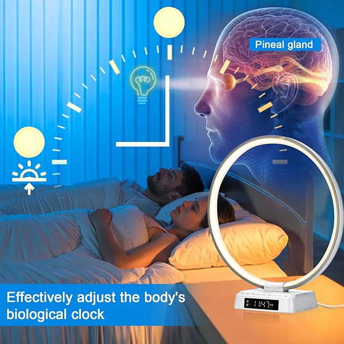 Sunrise Alarm Clock lamp Aureole Table Lamp Wake up Nightstand lamp Bioclock Adjustment Mood Desk lamp with Timer and Natural Ambient White Noise for Bedroom Livingroom Office Reading Working