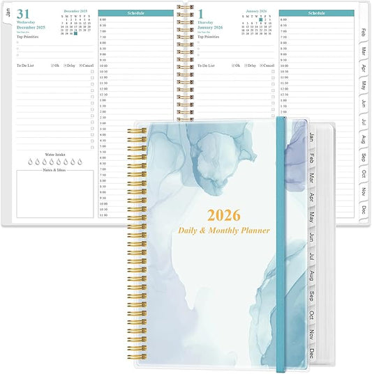 2026 Daily & Monthly Planner - One Page Per Day, Daily Planner from January 2026 - December 2026, Planner 2026 with 12 Monthly Tabs, 8.5" x 11", Blue Watercolor