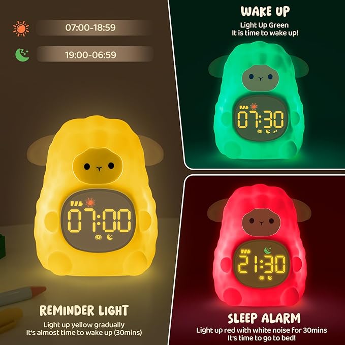 Sheep Alarm Clock with Night Light for Kids with Sleep Training and Sound Machine, Rechargeable Silicone Lamp OK to Wake Clock,Cute Animal Tabletop Lamp, Perfect Sleep Companion for Boys Girls, Khaki