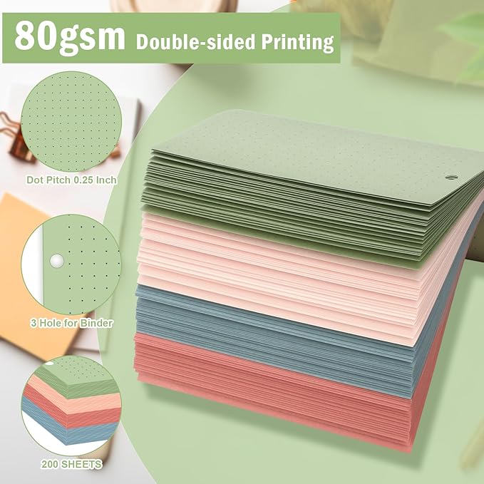 200 Sheets Half Letter 3 Hole Notebook Dot Grid Paper 5-1/2 x 8-1/2 Loose Leaf Paper for Mini Binder Colored Dotted Graph Paper Bulk Dotted Paper Refills for Planner Inserts for School Office