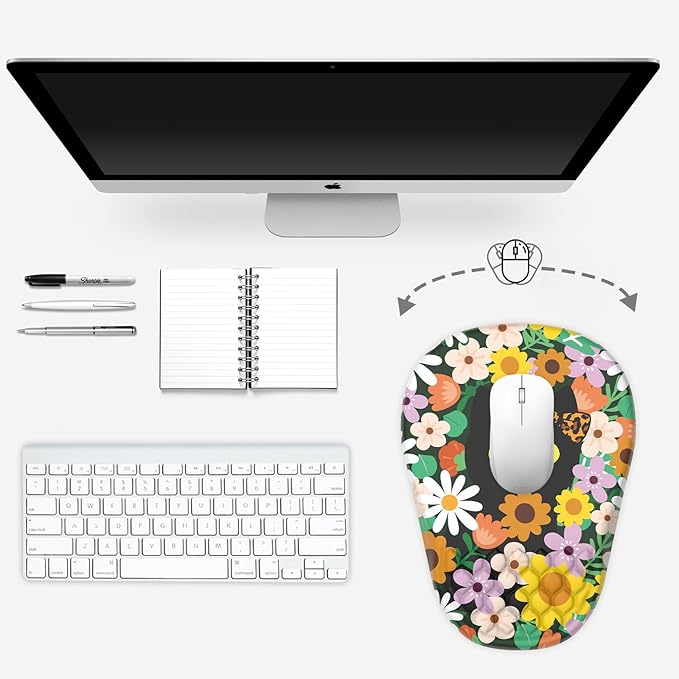 Ergonomic Mouse Pad Wrist Support, with Memory Foam & Non-Slip PU Base, Comfortable Massage Design Mouse Pad Relieve Wrist Fatigue&Pain, Suitable for Computer, Office and Home(06Flower Cat)