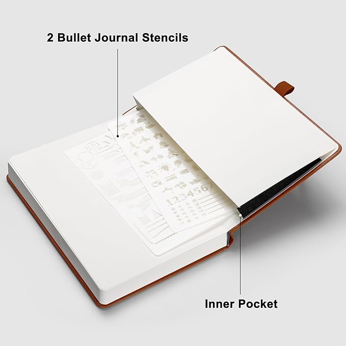 RETTACY Bullet Dotted Journal Notebook, 256 Pages, A5 Medium Size (5.7'' × 8.3''), Leather Hardcover, 120 GSM Thick Paper, for Bullet Journaling, Planning, Tracking (Brown)