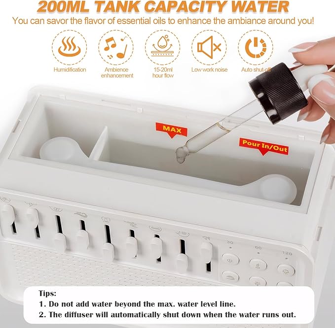 White Noise Machine with Humidifier,Essential Oil Diffuser & Night Light - Portable Sleep Sound Therapy, 8 Natural Sounds Style Mixer with Auto-Off Timer for Bedroom, Office,Travel