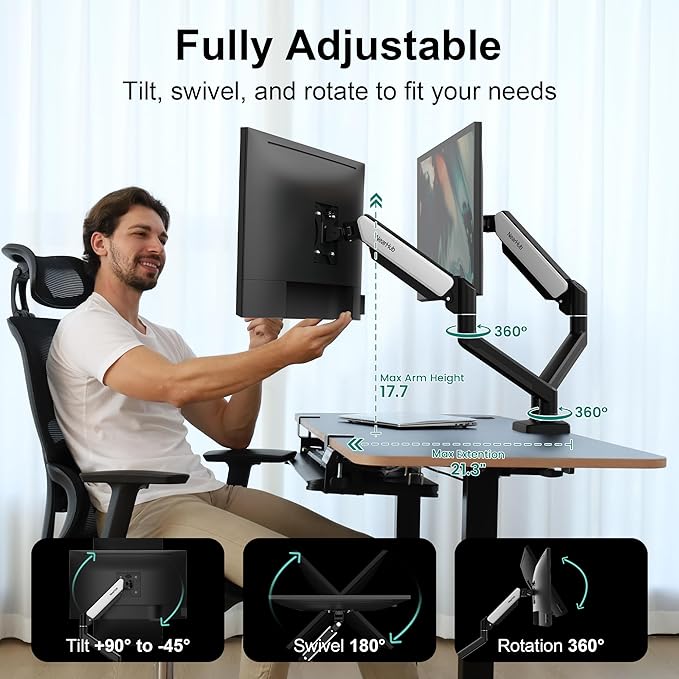 Dual Monitor Desk Mount for 13-32" Computer Screen,Adjustable Gas Spring Monitor Arm,Each Arm Holds 4.4 to 22 lbs,Swivel/Tilt/Rotation,VESA 75X75mm 100X100mm,C Clamp & Grommet Mounting Base