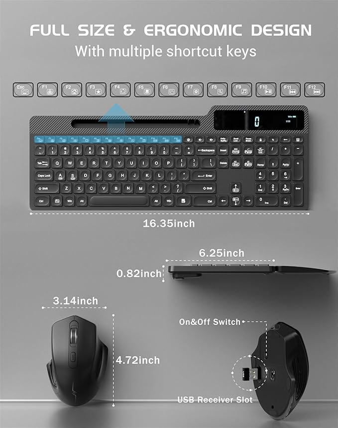 Wireless Keyboard Mouse Combo, Full Size Ergonomic Keyboard with Backlit, Wrist Rest, Calculator, Phone Holder, 2.4Ghz Silent Cordless Rechargeable Keyboard & Mouse for Laptop, PC, Windows, Mac OS