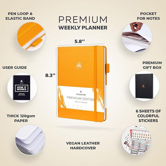 Clever Fox Planner Premium Edition – Undated Luxurious Weekly & Monthly Planner to Increase Productivity and Hit Your Goals – Organizer – Start Anytime, A5, Lasts 1 Year, Amber Yellow (Weekly)