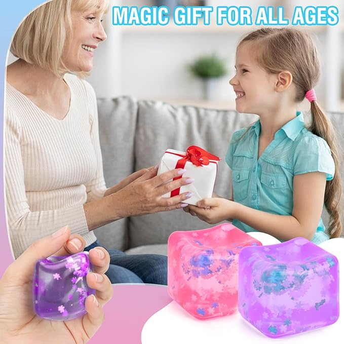Fidget Toy for All Ages: 2 Pack Soft Sensory Fidget Ice Cube Stress Ball Squishy Cube Stress Relief Toys for Kids, Teens and Adults Party Favors, Birthday Gift for Kids Age 3+, Purple Pink