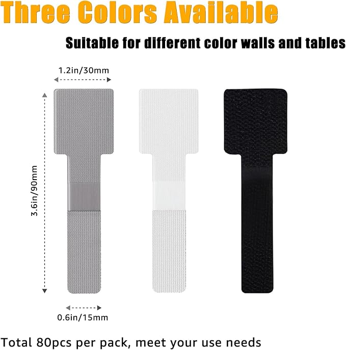 80PCS Hook and Loop Cable Straps, Cable Management Under Desk, Self Adhesive Cable Ties, Reusable Wire Organizers for Cords, Adjustable Cord Organizers for Desk, Home Office Essentials, Black