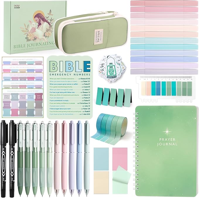 XKDOUS Bible Study Supplies Journaling Kit for Women, Bible Study Kit, Bible Study Tools with Prayer Journal Pencil Case Bible Accessories, Christian Gifts for Women, Green