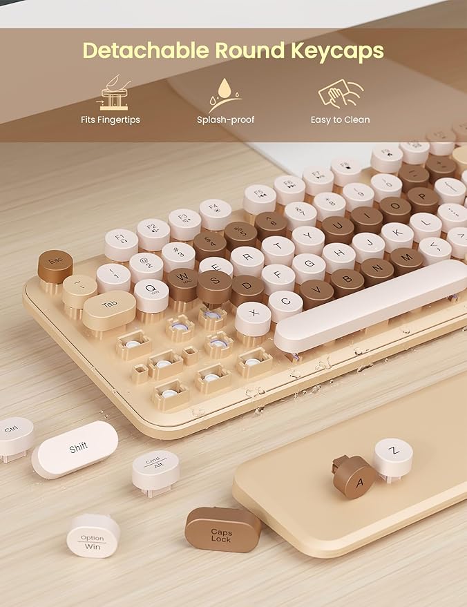 Wireless Keyboard and Mouse Combo - Cute Typewriter Keyboard with Detachable Wrist Rest, Retro Round Keycaps, Foldable Legs, 2.4GHz Full-Size Keyboard for PC, Laptop, Mac, Windows - Trueque (Latte)