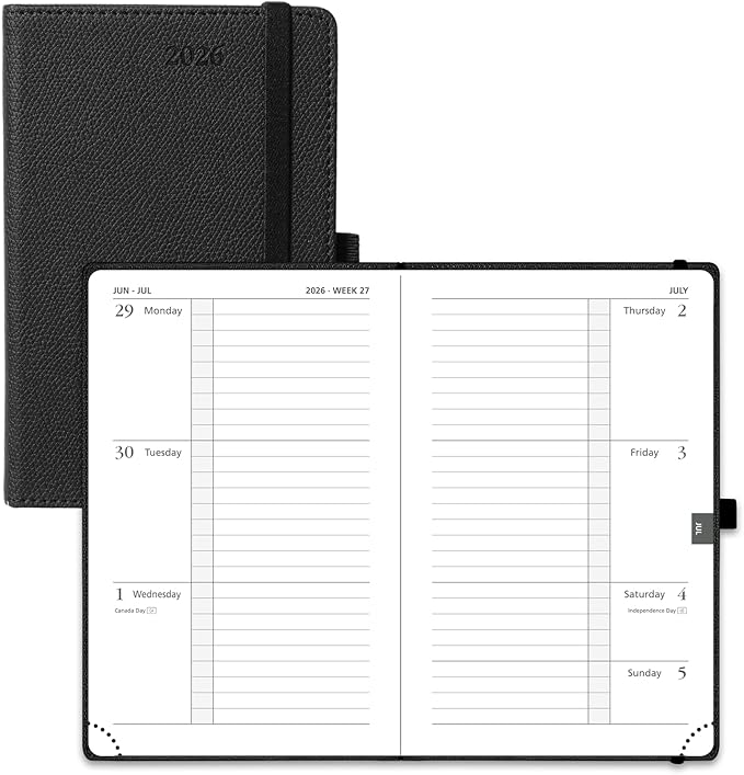 POPRUN Weekly Planner 2026 Calendar (Pocket 4'' x 6.25'') 12 Months Notebook with Horizontal Layout, Leather Hardcover, Inner Pocket, 100GSM Thick Paper, Pen Holder - Black