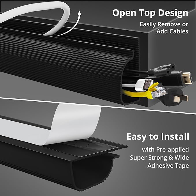 Cable Management Under Desk (31.5in J Channel 2x15.7in) Self Adhesive Cable Raceways Channel, Easy to Install Cord Cover Hider Desk Cord Organizer Electrical Black