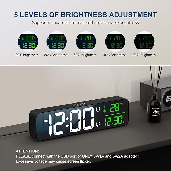 Digital Clock, Clock for Bedroom, Digital Wall Clock, Clocks for Living Room Decor, Desk Clock, Table Clock, Digital Clock Large Display, Smart Alarm Clock for Office Green (Wired Black+Green Digit)