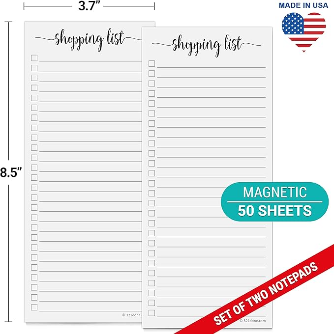 321Done Magnetic Shopping List Notepad 2-Pack - 3.7 x 8.5 (1/3 Sheet Slim Size) Made in USA - College Ruled - Minimalist Handheld Grocery List, Store, Market - Pad for Planning, Organizing, Meal Prep