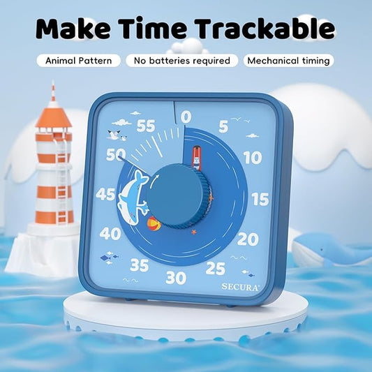 Secura 7.5-Inch Animal Pattern Visual Timer for Kids, 60-Minute Countdown Timer for Classroom or Kitchen, Durable Mechanical Timer Clock with Magnetic Backing (Blue)