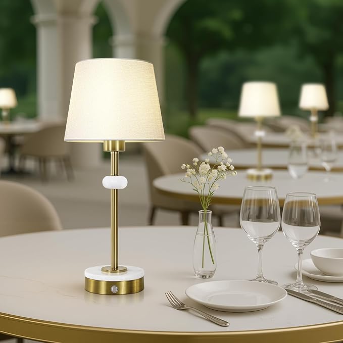 Gold Rechargeable Lamp, Table Lamps Set of 2, Cordless Lamp with Linen Shade, Marble Base, Touch Switch, 4400mAh Battery Operated Light for Desk Dinner Office Home Decor (Bulb Included)