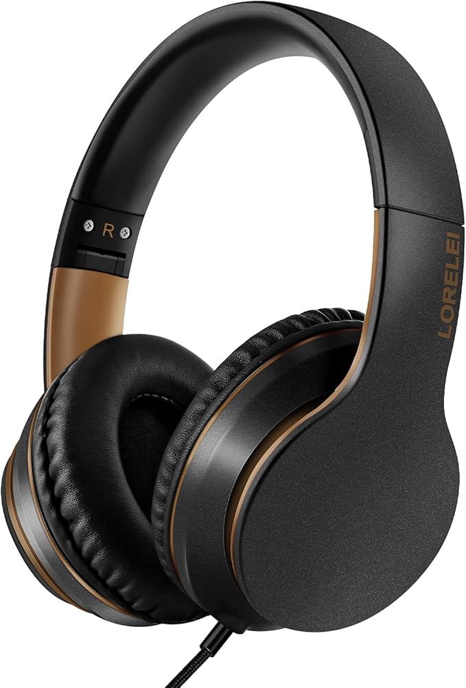 LORELEI X6 Over-Ear Headphones With Microphone, Lightweight Foldable & Portable Stereo Bass With 1.45M No-Tangle Wired for Smartphone Tablet MP3/4 (Black-Gold)