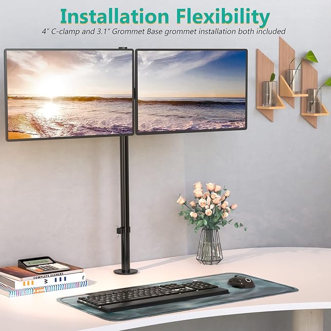 WALI Extra Tall Dual LCD Monitor Fully Adjustable Desk Mount Fits 2 Screens up to 27 inch, 22 lbs. Weight Capacity per Arm (M002XL), Black
