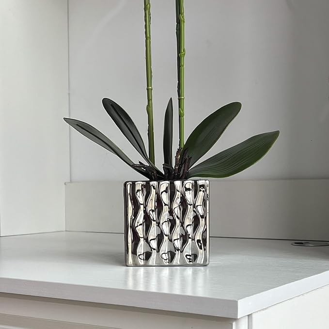 LISU Artificial Orchids, Silver Vases, Home Decoration Flower Arrangements,Purple Orchids Fake Flowers in Vases.