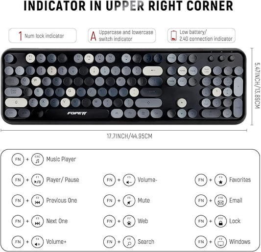 FOPETT Wireless Keyboard and Mouse Combo, 104 Keys Full-Sized 2.4 GHz Round Keycap Colorful Keyboards, USB Receiver Plug and Play, for Windows, Mac, PC, Laptop, Desktop (Grey)