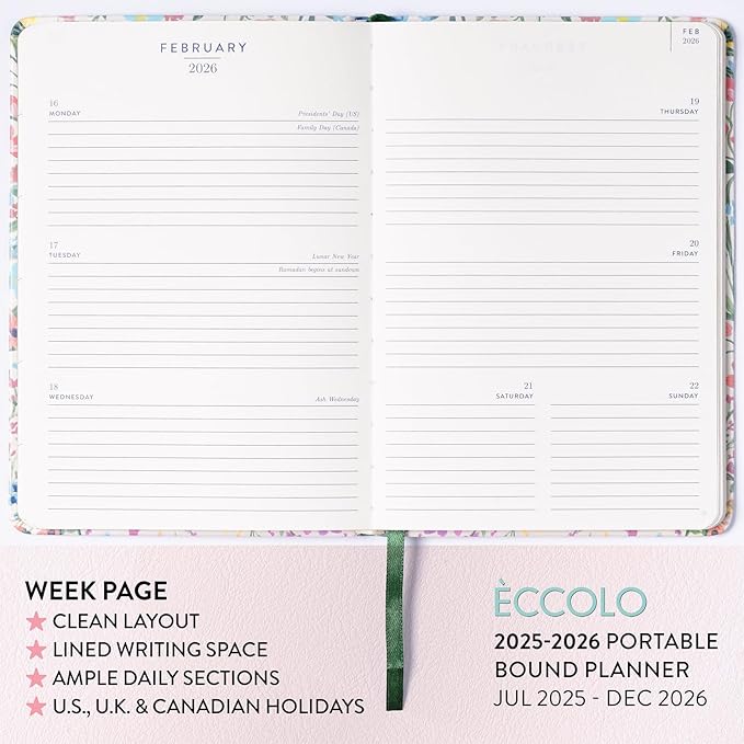 2025-2026 Eccolo 18 Month Bound Planner, Monthly & Weekly Pages (5.25 x 7.75" - July 2025 - Dec 2026 - Flower Garden)