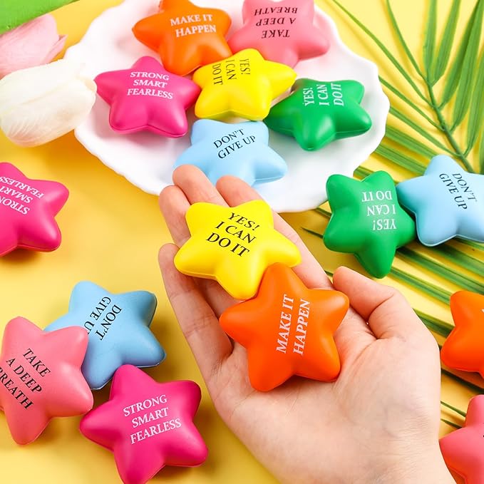 LovesTown 24PCS Inspirational Stress Relief Balls: 2inch Star, Motivational Stressballs with Colorful Foam Squeeze Balls for Kids & Adults