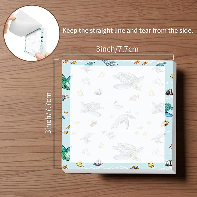 Sticky Notes, 2 Pads, 3x3 inches, Cute Colorful Fun Self-Stick Note Pads, Easy Post, Strong Adhesive Notepad Sea Turtle Ocean