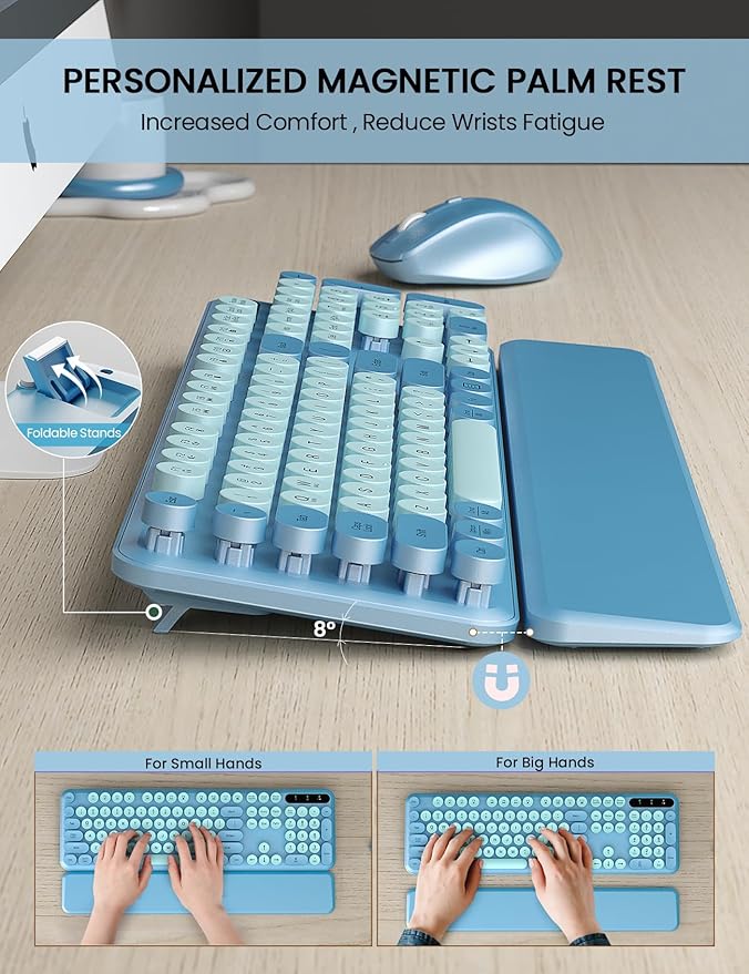 Wireless Keyboard and Mouse Combo - Cute Typewriter Keyboard with Detachable Wrist Rest, Retro Round Keycaps, Foldable Legs, 2.4GHz Full-Size for PC, Laptop, Windows - Trueque (Glacier Blue)