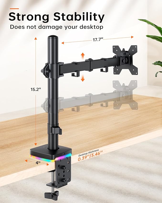 RGB Single Monitor Stand, Fully Adjustable Monitor Desk Mount Sturdy Stepped Arm Design up to 17.6lbs Desk Mount withRGB USB & USB-C High Speed Data Transfer C-Clamp 75x75/100x100 VESA