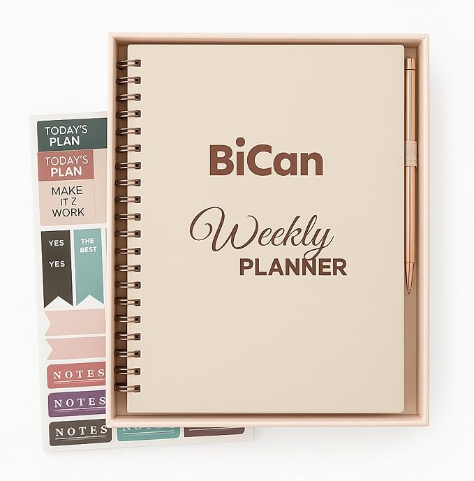 A5 Leather Planner & Journal Gift Set – Undated Weekly Spiral Notebook with Pen, Stickers & Box – Goal & Habit Tracker, Productivity Planner for Women & Men 5.8" x 8.0"