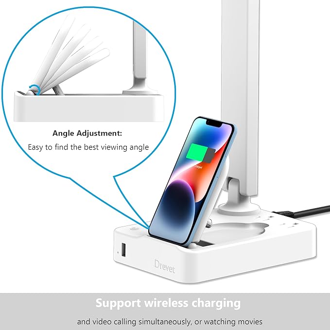 Drevet LED Desk Lamp with Wireless Charger, Desk Table Light with USB Charging Port and 2 Outlets, 3 Lighting Modes, 3 Level Brightness, 1H Timer, Touch Control, Eye-Caring Home Office Lamp, White