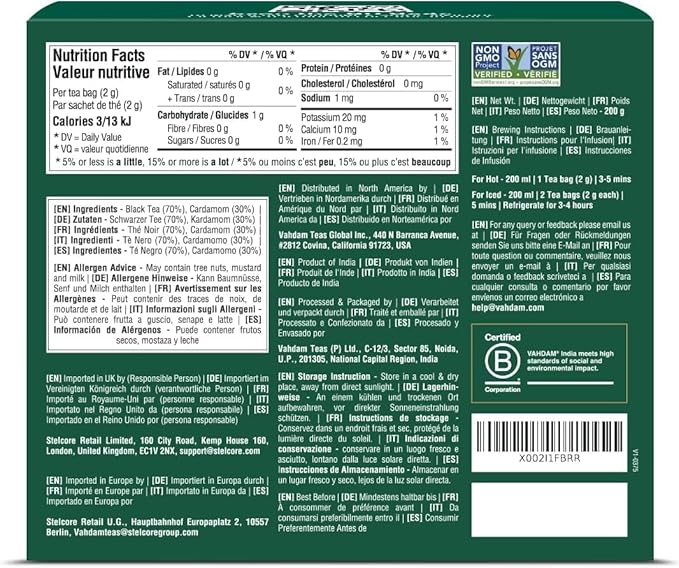 VAHDAM, Cardamom Masala Chai Tea Bags (100 Count) Non GMO, Gluten Free, No Artificial Flavor | Blended w/Exotic Spices | Chai Tea | Resealable Ziplock Pouch