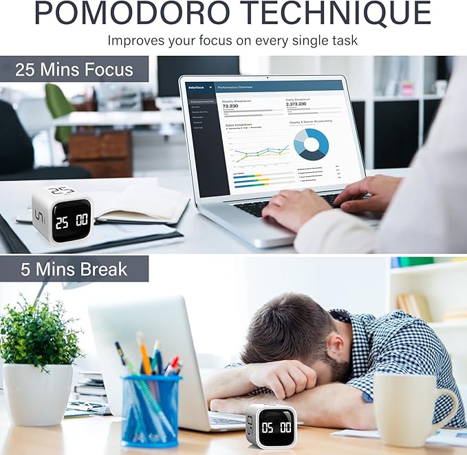 Rotating Pomodoro Timer 5, 25, 10 50 Minutes Preset, Desk Productivity Flip Timer, Cube Countdown Stopwatch for ADHD, Vibration/High/Low Volume, for Work, Study, Back to School, Kitchen, 2 White