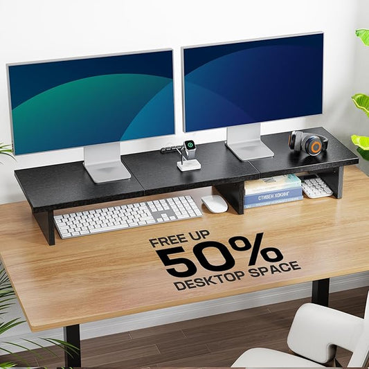HUANUO Dual Monitor Stand Riser With Cable Clip - Desktop Storage Shelf Organizer for 2 Monitors, Computer, Laptop, Printer, TV