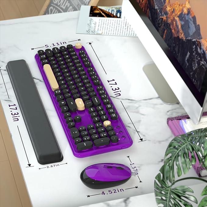 Wireless Computer Keyboards Mouse Combos, COVEVA Colorful Typewriter Retro Keyboard with Round Keycaps, USB Keyboard and Mouse Set 2.4GHz Full-Size Wireless Keyboard and Optical Mouse(Black-Purple)