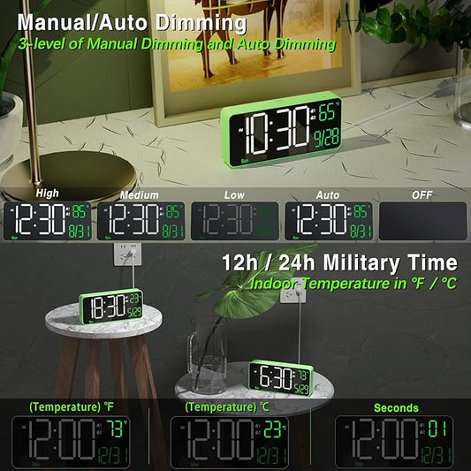 KOSUMOSU Digital Clock for Bedroom, 6.7in Desk Clock, Auto Dimming, Room Temperature, Day of The Week, Date, Seconds, Clocks for Living Room, Alarm Clocks for Bedrooms