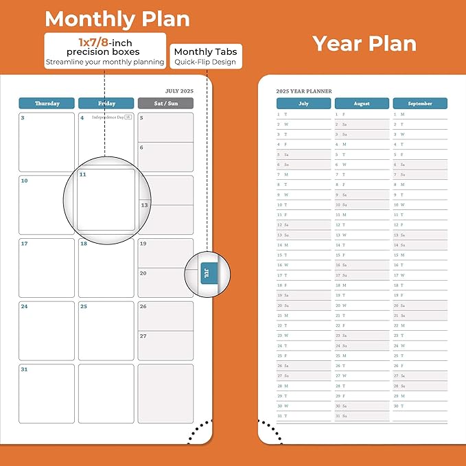 Weekly Monthly 2025-2026 Planner (July 25-Dec 26),6.5"x3.75",18 Months Agenda Plan with Month Tabs & Pocket,Expenses/Note Pages, Academic Calendar with Vegan Leather Cover,Orange