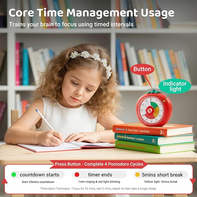 Timer for Kids, 60-Minute Countdown Visual Timer for Classroom Office Kitchen, Desk Timers Kids Time Management Tools for ADHD Focus, 4-Color Zone Pattern Pomodoro Timers
