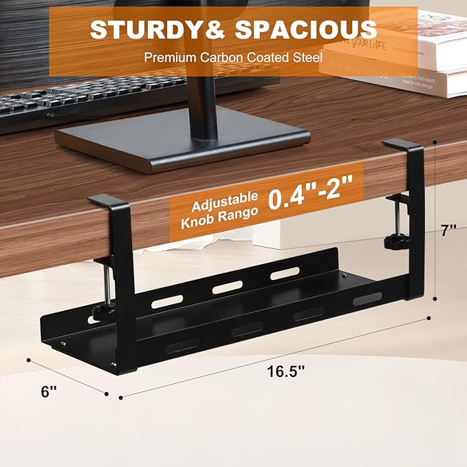 16.5" Under Desk Cable Management Tray - Metal Cord Organizer with Heavy-Duty Clamp, No Drilling, Workspace Organizer for Office/Home (Black)