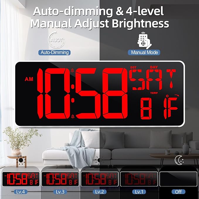 TXL 13.7 Inch Large Digital Wall Clock with Remote Control,LED Desk Clock Digital with DST/Calendar/Temperature/Timer Function, Auto Dimmer, Large Display for Classroom/Office (Red)