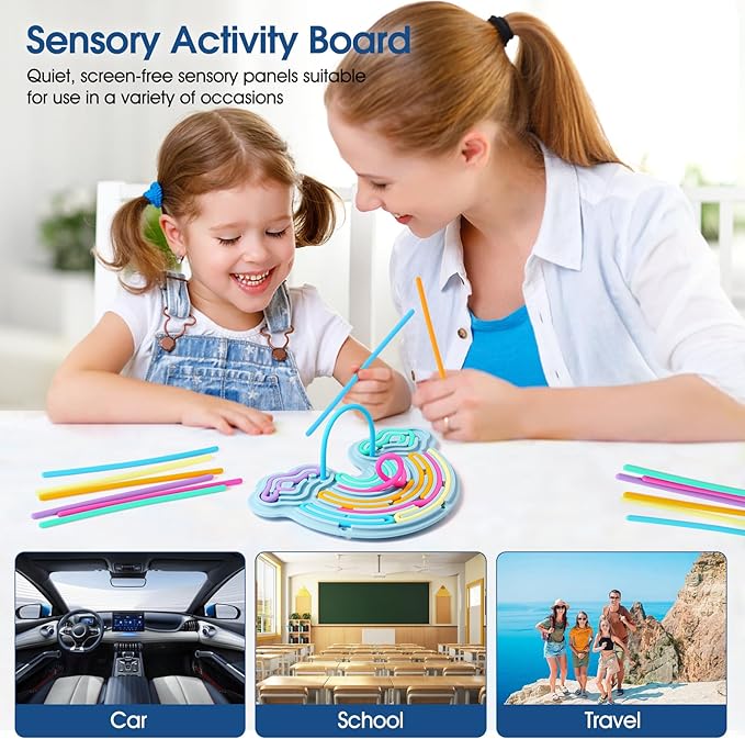 Sensory Activity Board Silicone Fidget Toy, Double-Sided Rainbow Sensory Toys for Autism, Stress, Anxiety, ADHD, Kids 3+& Adults, Includes Travel Bag & 12 Strings, Blue