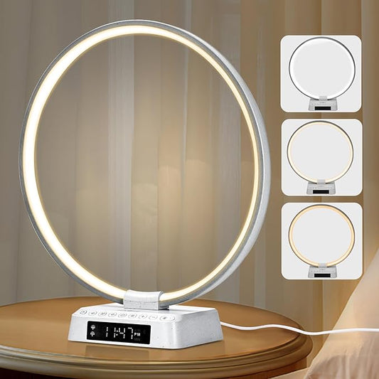 Sunrise Alarm Clock lamp Aureole Table Lamp Wake up Nightstand lamp Bioclock Adjustment Mood Desk lamp with Timer and Natural Ambient White Noise for Bedroom Livingroom Office Reading Working