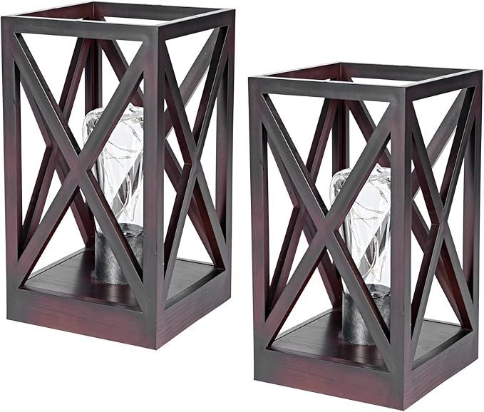 WINGBO 2 Pack Retro Battery Powered Table Lamps, Battery Operated Cordless Lamp Set, Portable Nightlight Decorative Light for Living Room Dining Room Bedroom Entryway Patio Backyard, Walnut Finish