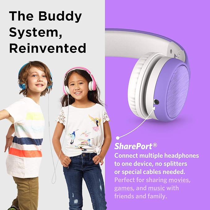 LilGadgets Connect+ Style On-Ear Kids Headphones with Microphone - SharePort Technology, SoftTouch Padding, Detachable Cable, Noise Reduction, Durable & Adjustable - Purple Wired Headphones for Kids