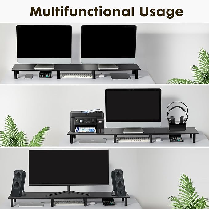 47 Inch Extra-Long Dual Monitor Stand Riser for 2 Monitors, Desk Shelf TV Riser Blocks, Wood and Steel Desktop Riser for Computer, Laptop, Printer, Home Office Organization, Black