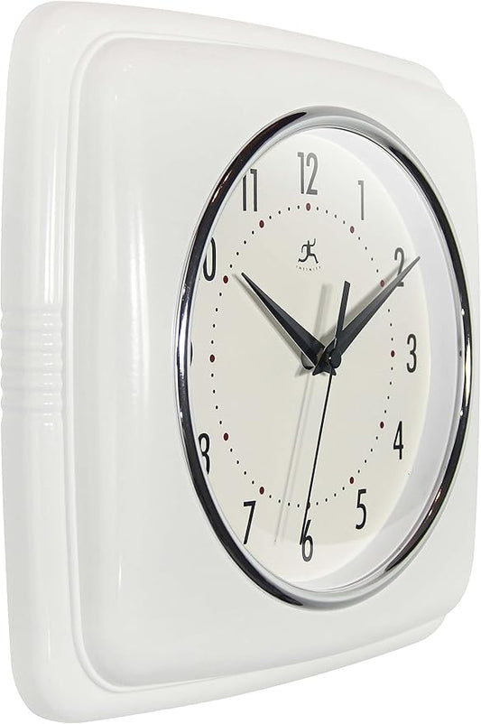Infinity Instruments Retro – 9-Inch Square Silent Non-Ticking Mid-Century Modern Wall Clock – Vintage Decorative Timepiece for Kitchen, Office, or Diner – White
