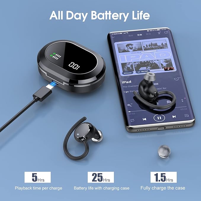 Wireless Earbuds, 2023 New Ultralight Sport Bluetooth 5.3 Headphones In Ear with LED Display, Built-in Mic Earphones, IPX7 Waterproof Wireless Headphones with Earhooks for Gym Workout (Black)