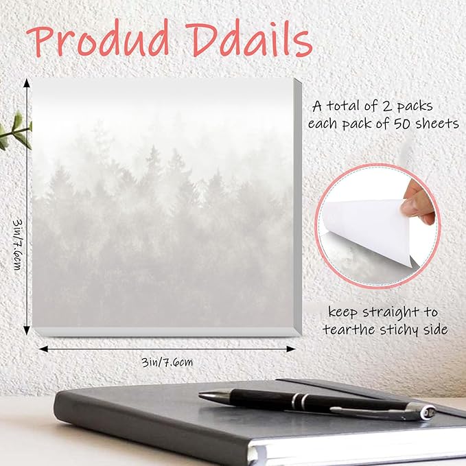 Sticky Notes 3x3 Inches, 2 Pads Cute Colorful Self-Stick Note Pads, Easy to Post for Home, Office and Daily Life Organization Fire Forest